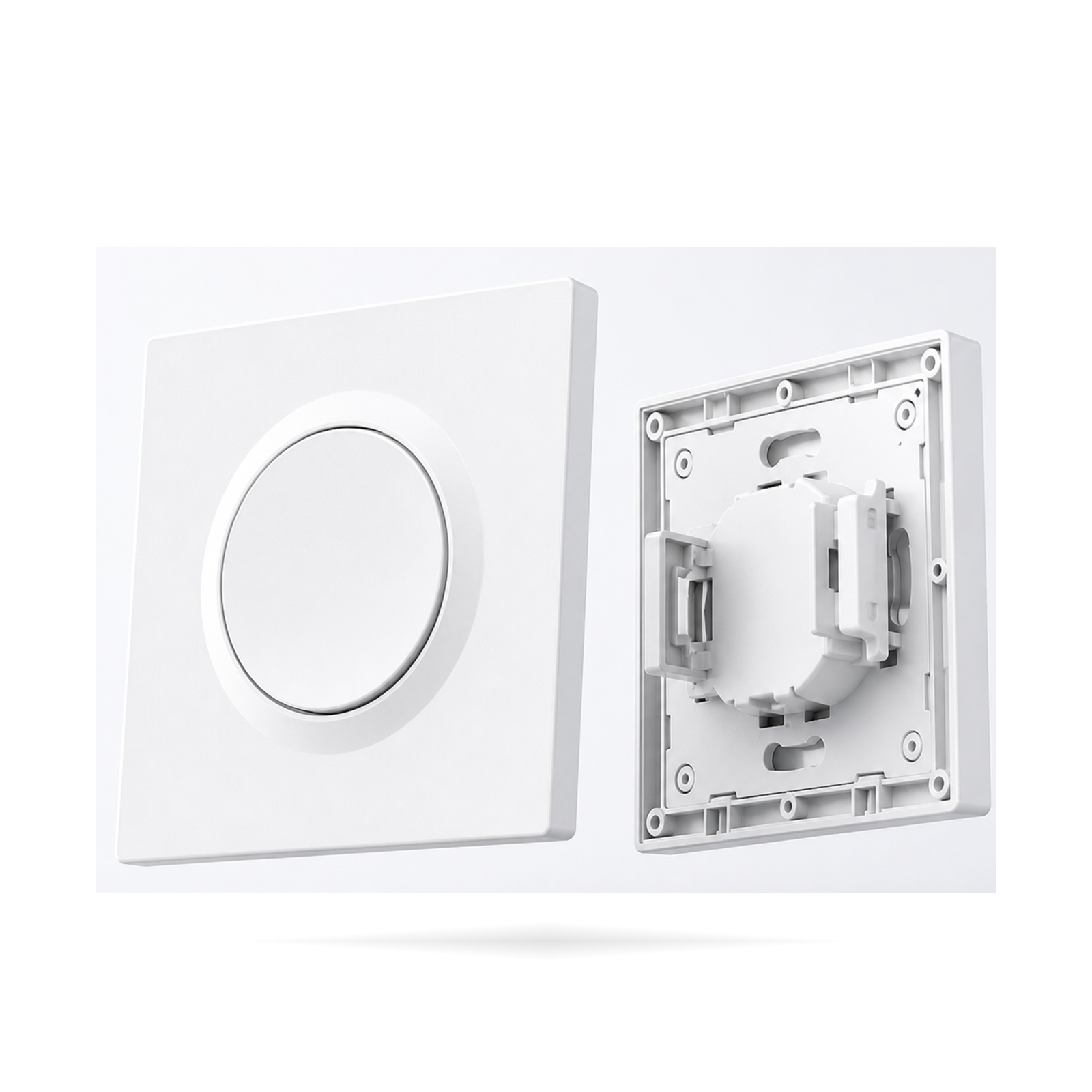 Boîtier NéoCase E1GS Pro blanc présenté avec façade et plaque arrière de fixation sur fond studio blanc.