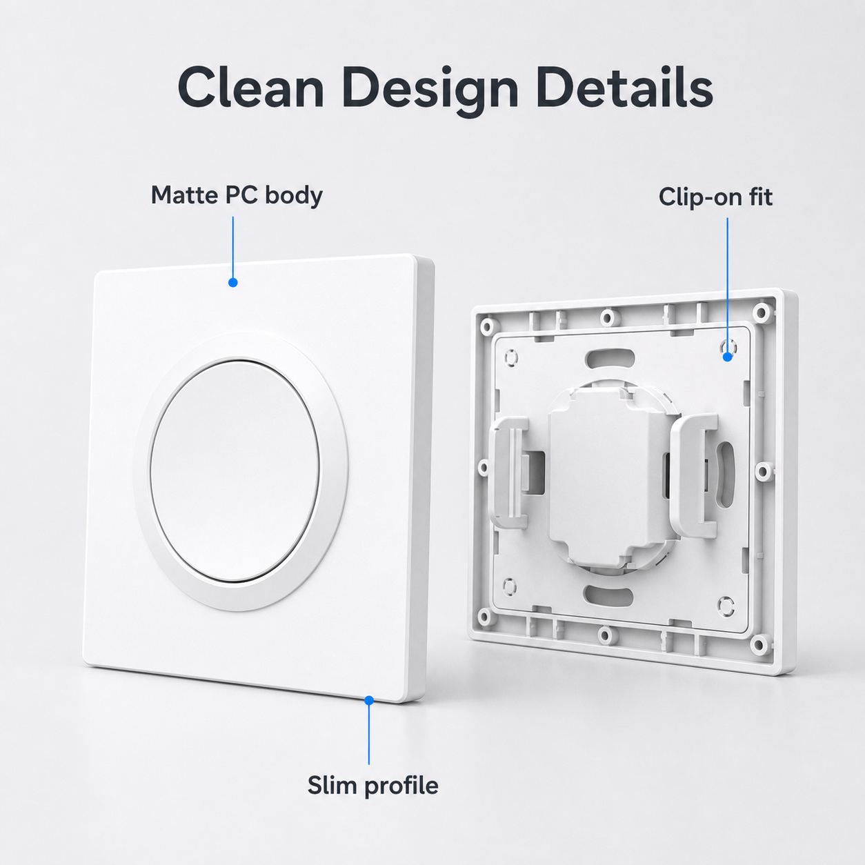 Clean design details of E1GS white ultra-slim switch enclosure with matte PC body and rear clips