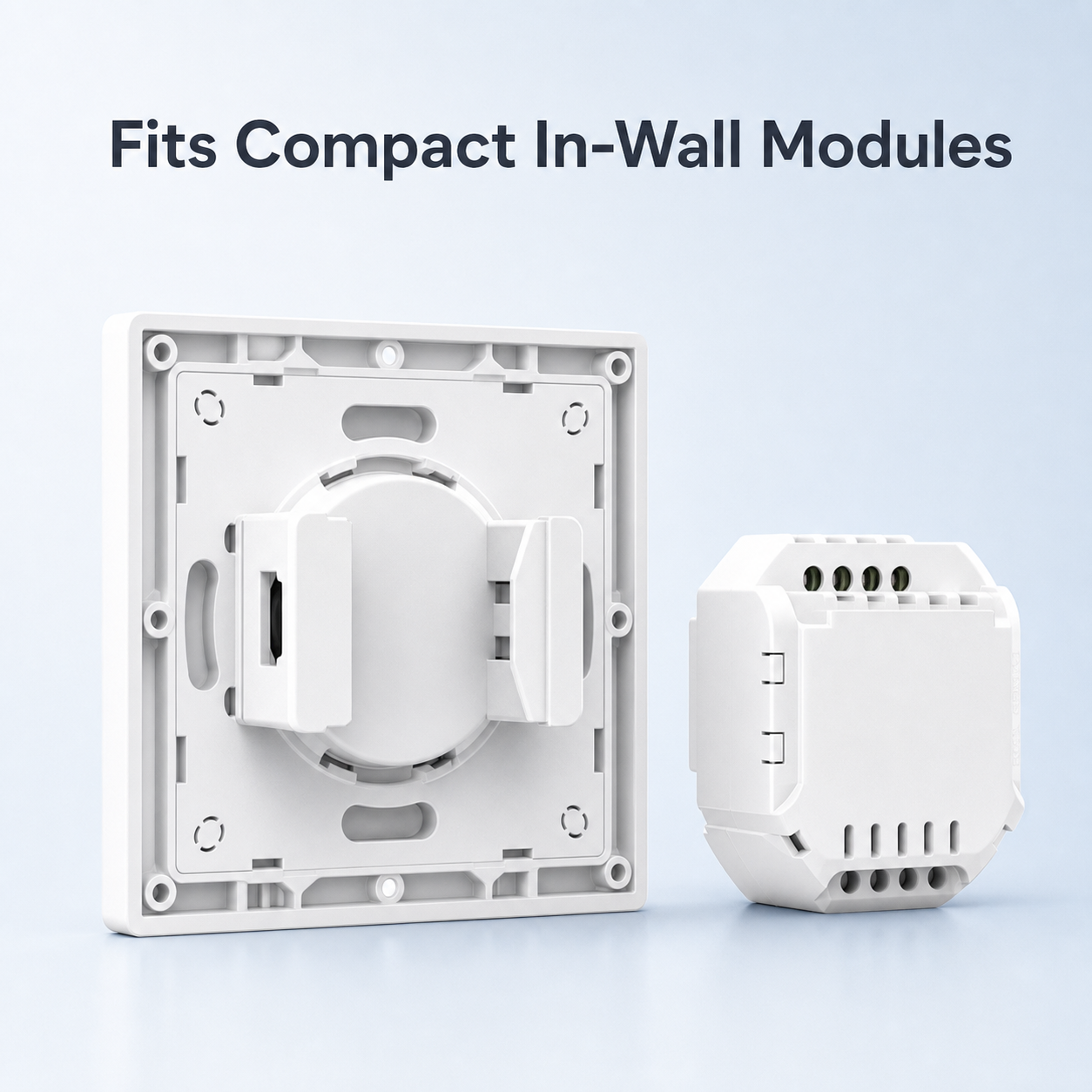 White E1GS switch enclosure showing fit for compact unbranded in-wall relay modules