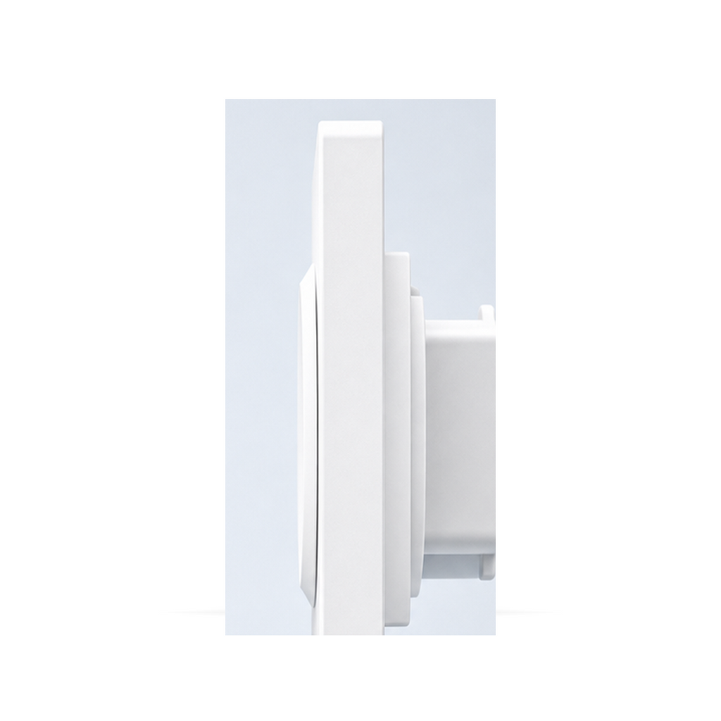 Profil latéral ultra-fin du boîtier d'interrupteur blanc NéoCase E1GS Pro sur fond studio blanc.