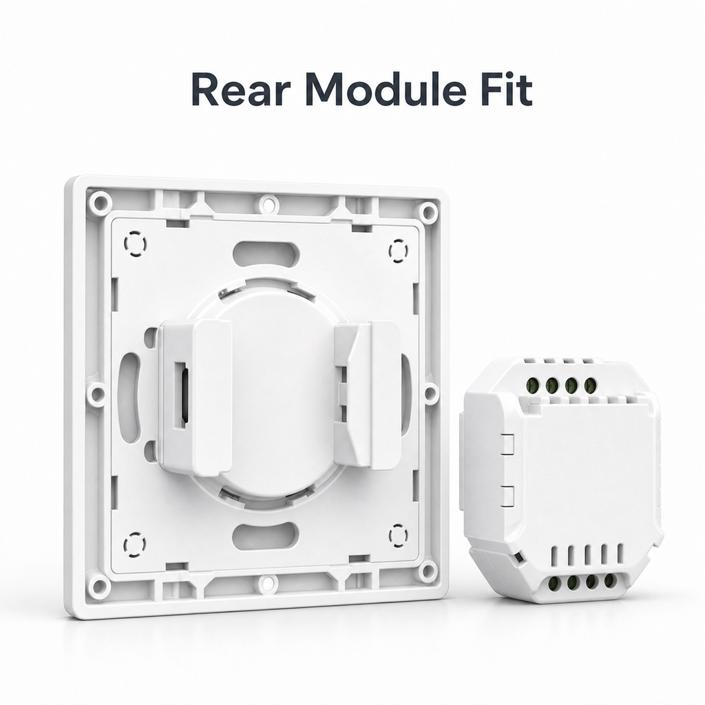 Rear view of E1GS white switch enclosure with generic compact module fit