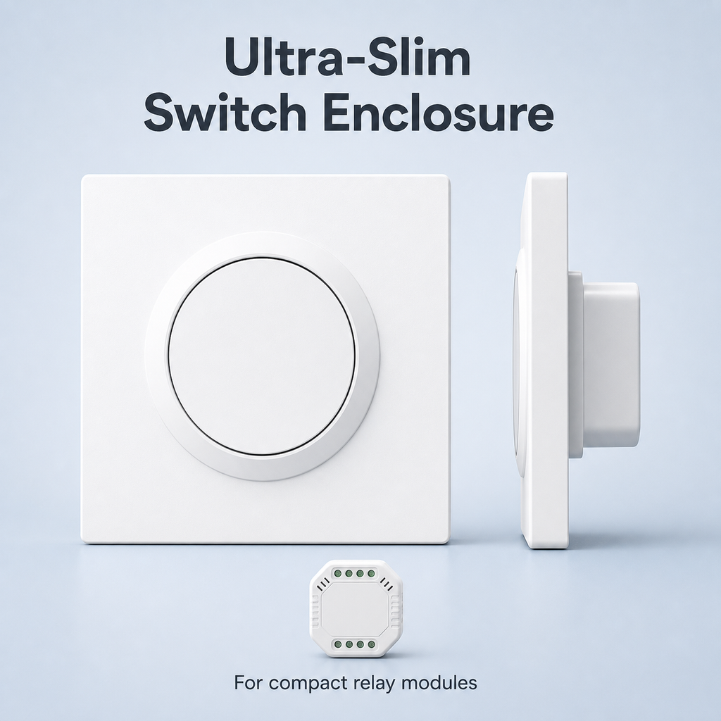 E1GS ultra-slim switch enclosure shown with generic compact relay modules