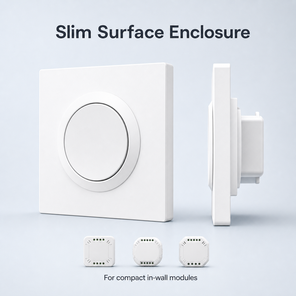 Angled view of E1GS ultra-slim white surface switch enclosure with single round button