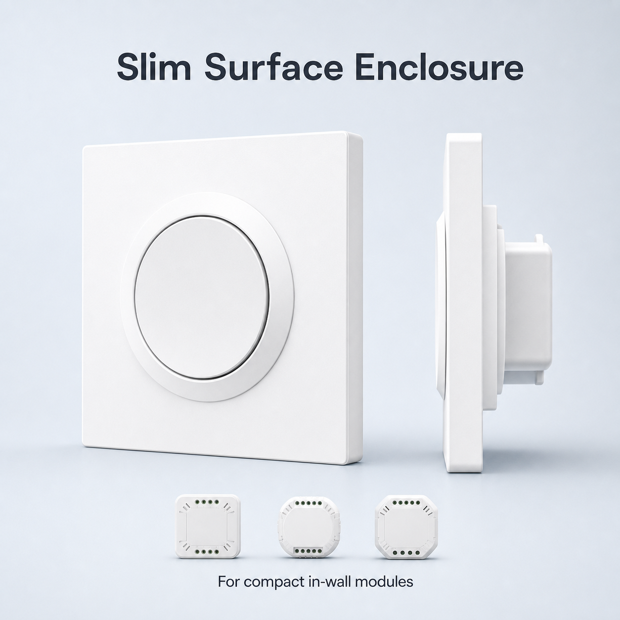 Angled view of E1GS ultra-slim white surface switch enclosure with single round button