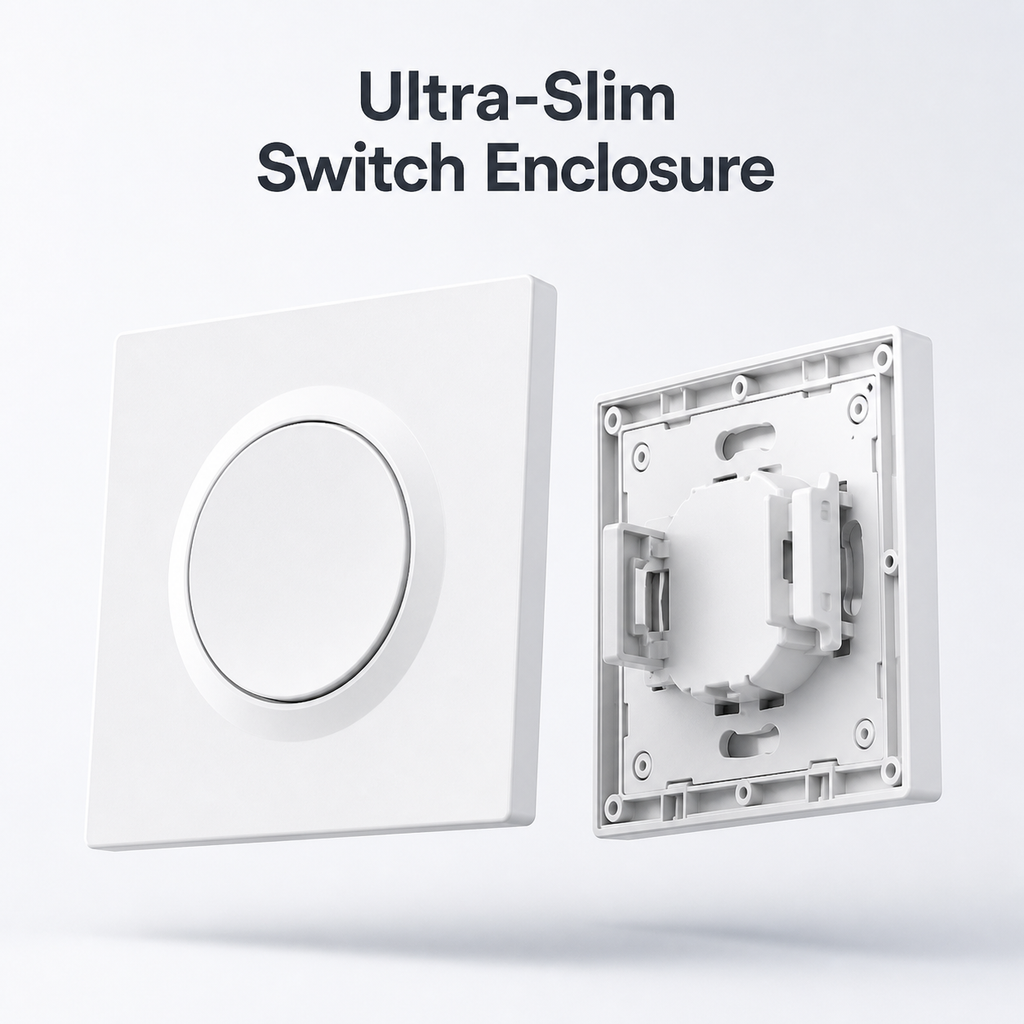 White E1GS ultra-slim switch enclosure with front cover and rear mounting backplate