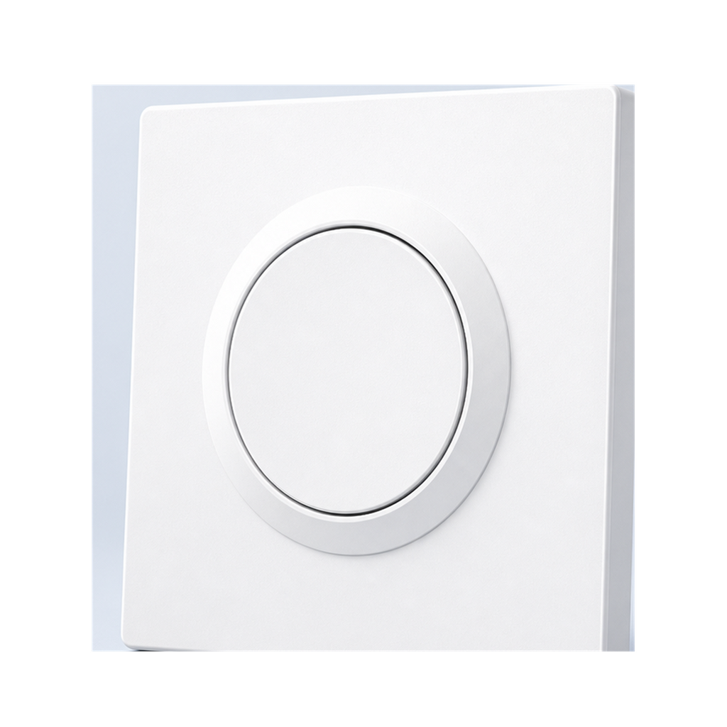 Boîtier d'interrupteur blanc NéoCase E1GSL Pro avec bouton rond, vue en angle sur fond studio blanc.