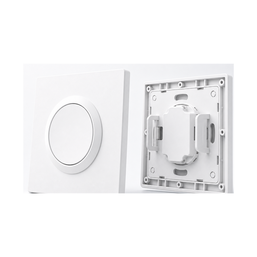 Boîtier NéoCase E1GSL Pro blanc présenté avec façade et plaque arrière de fixation sur fond studio blanc.