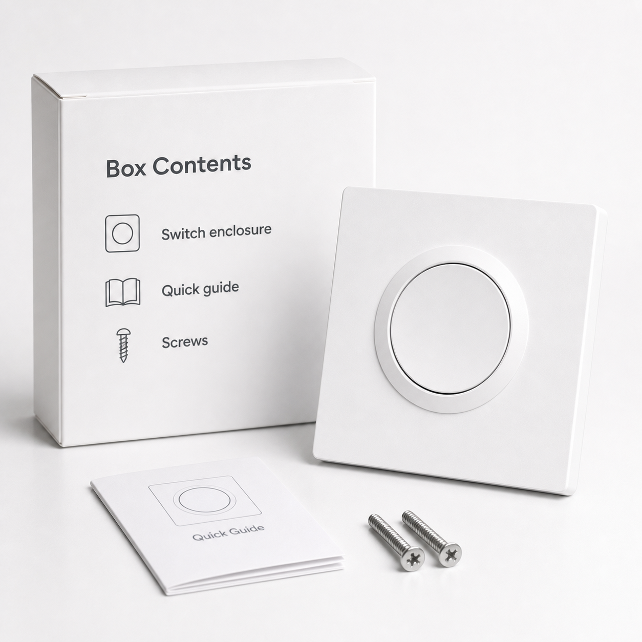 Box contents checklist for white switch enclosure with quick guide and screws