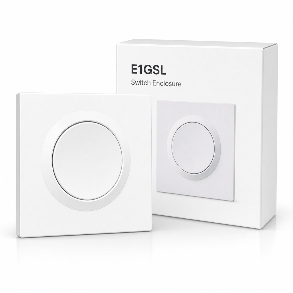 White E1GSL switch enclosure shown in front of a plain product box