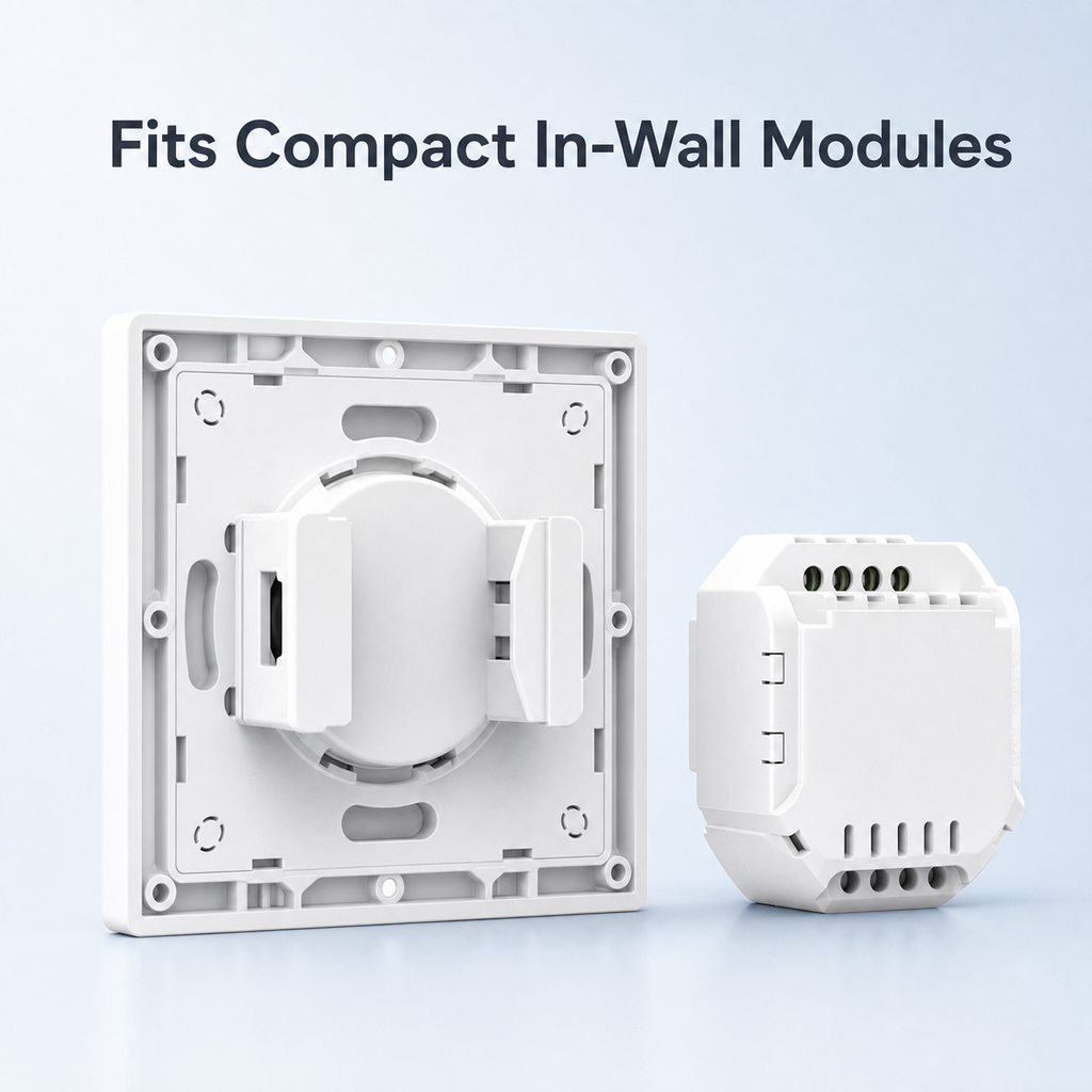 White switch enclosure showing fit for compact unbranded in-wall relay modules