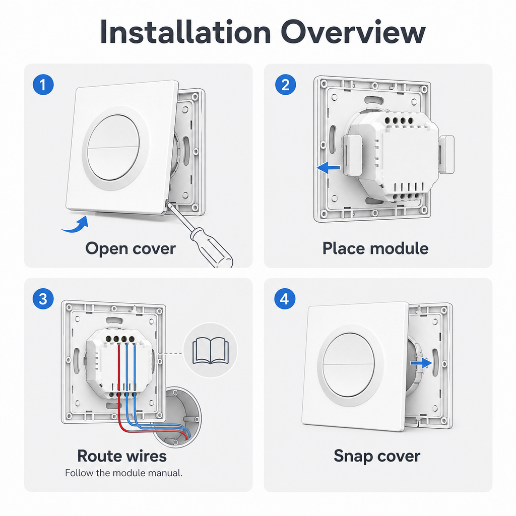 Installation overview for white ultra-slim switch enclosure with compact module