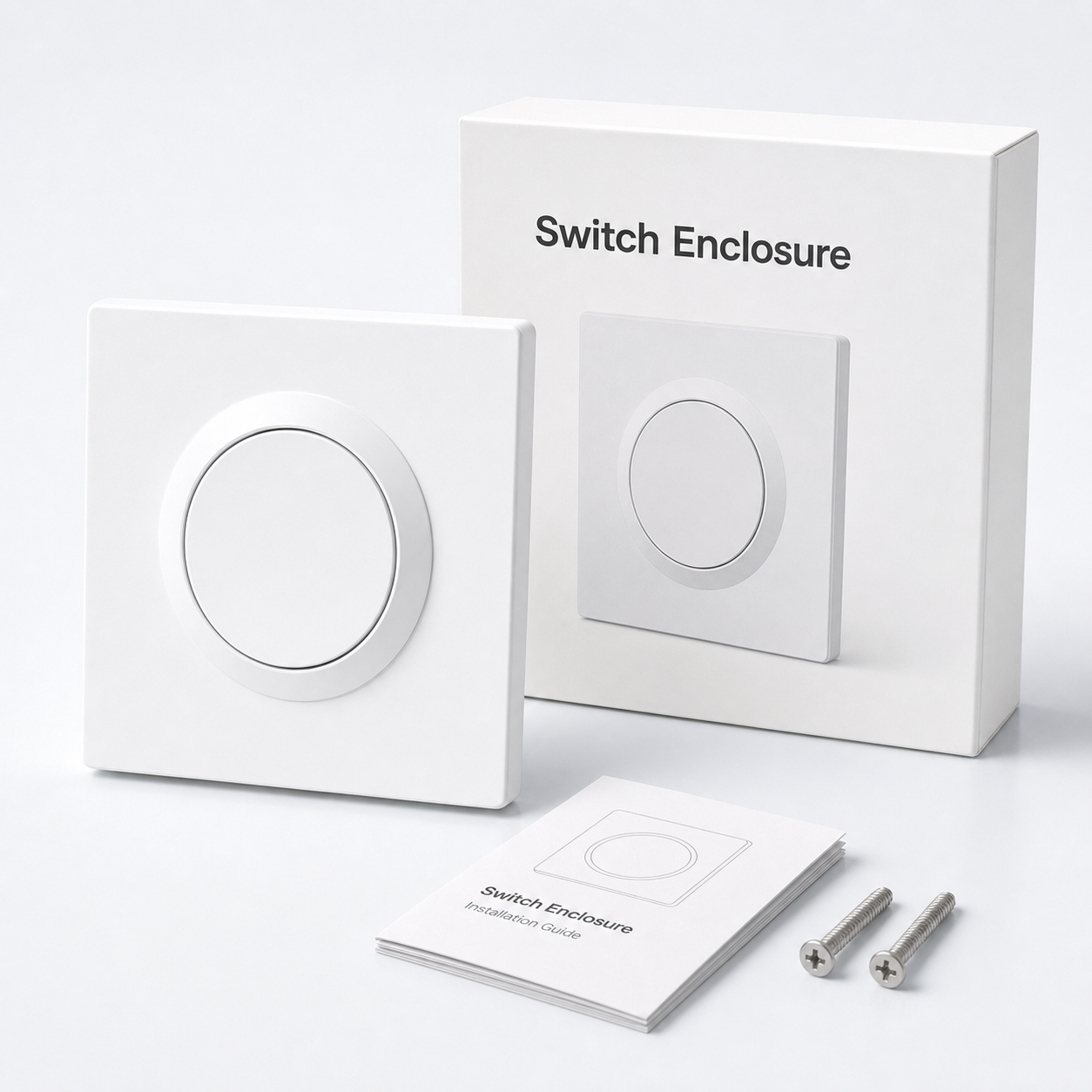 Package contents for white ultra-slim switch enclosure with screws and guide