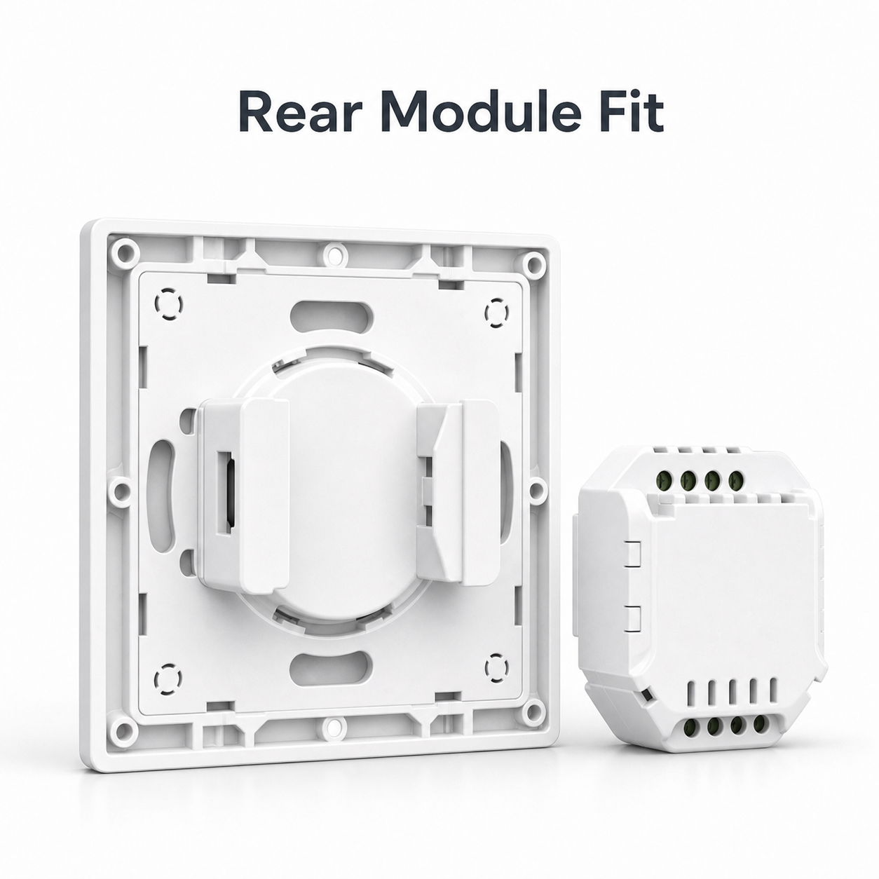 Rear view of white switch enclosure with generic compact module fit