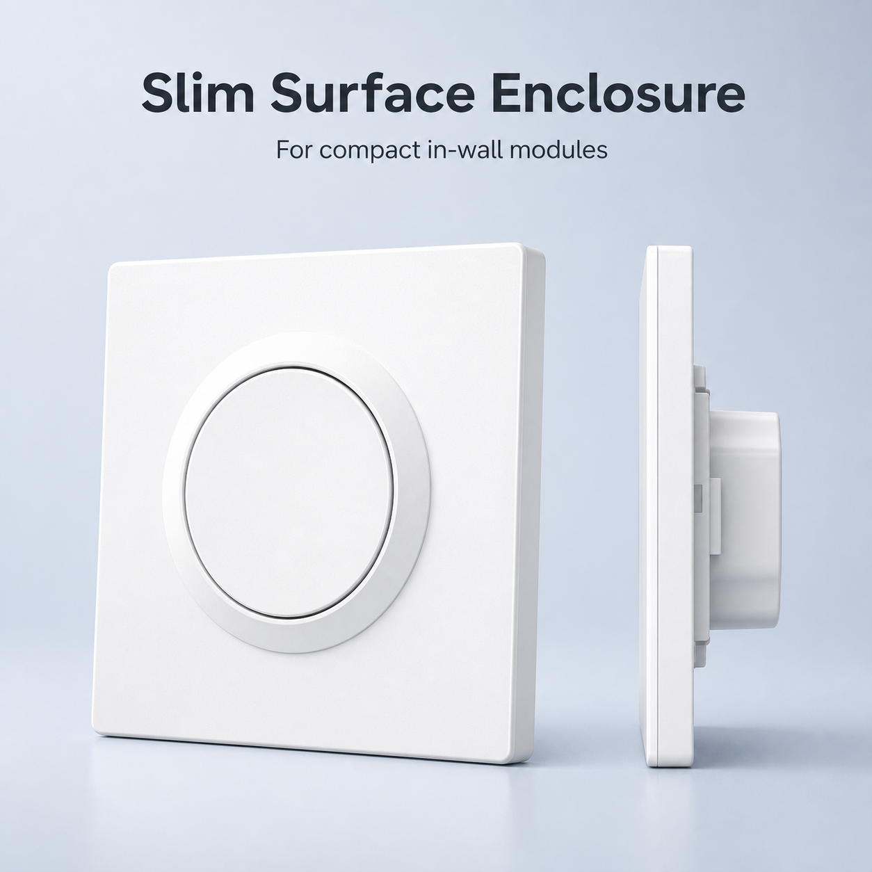 Angled view of ultra-slim white surface switch enclosure with single round button