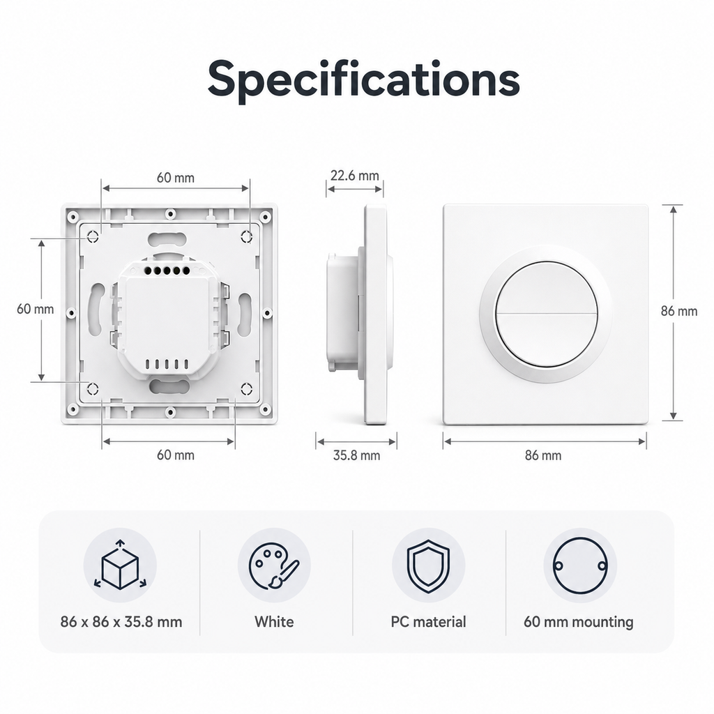 Specification diagram for white switch enclosure with 86 by 86 by 35.8 mm dimensions