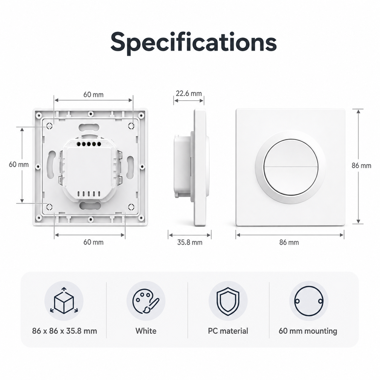 Specification diagram for white switch enclosure with 86 by 86 by 35.8 mm dimensions