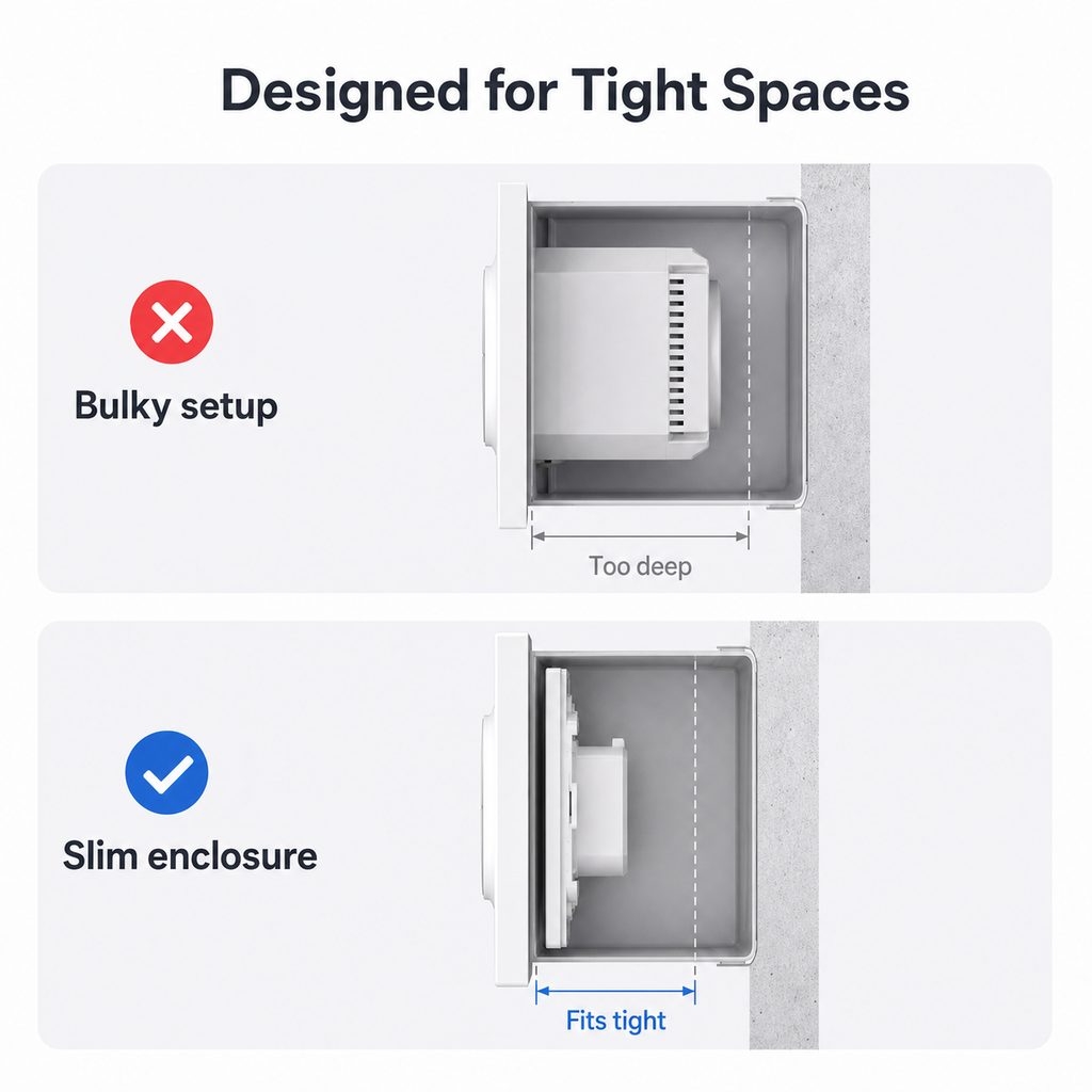 Comparison showing slim switch enclosure designed for tight mounting spaces