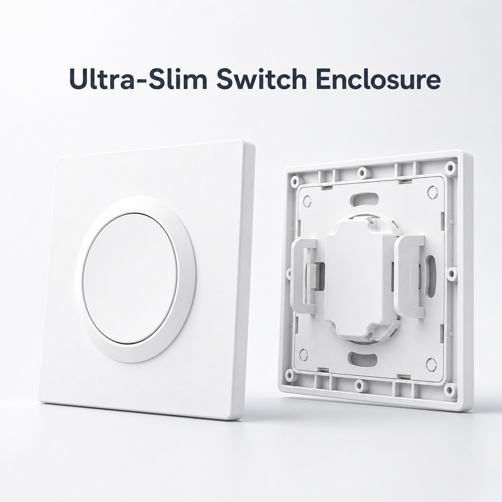 Ultra-slim white switch enclosure with front cover and rear mounting backplate