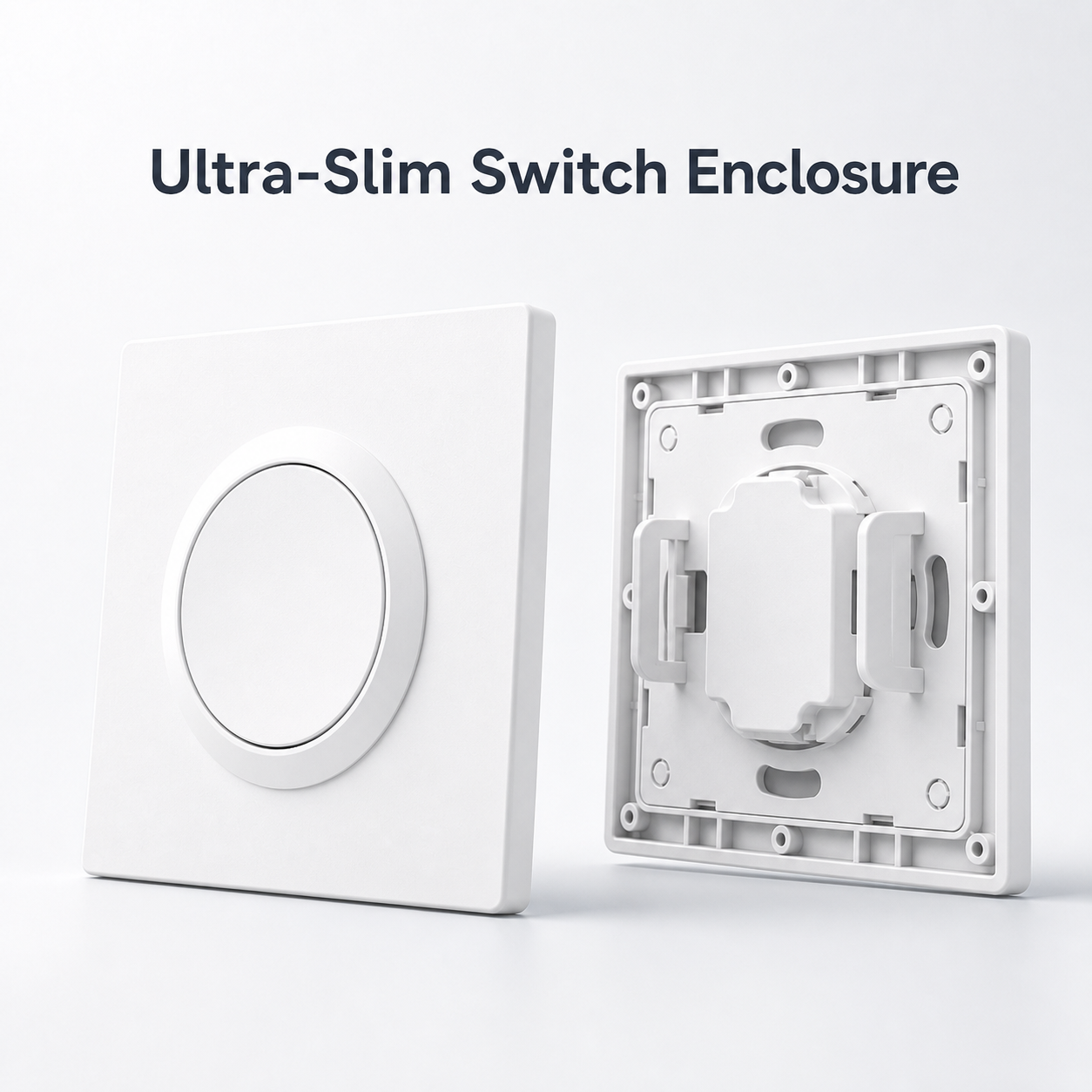 Ultra-slim white switch enclosure with front cover and rear mounting backplate