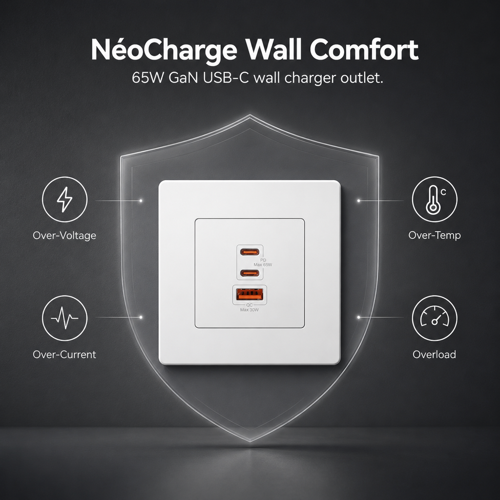 Built-in safety protections overview for wall charger outlet
