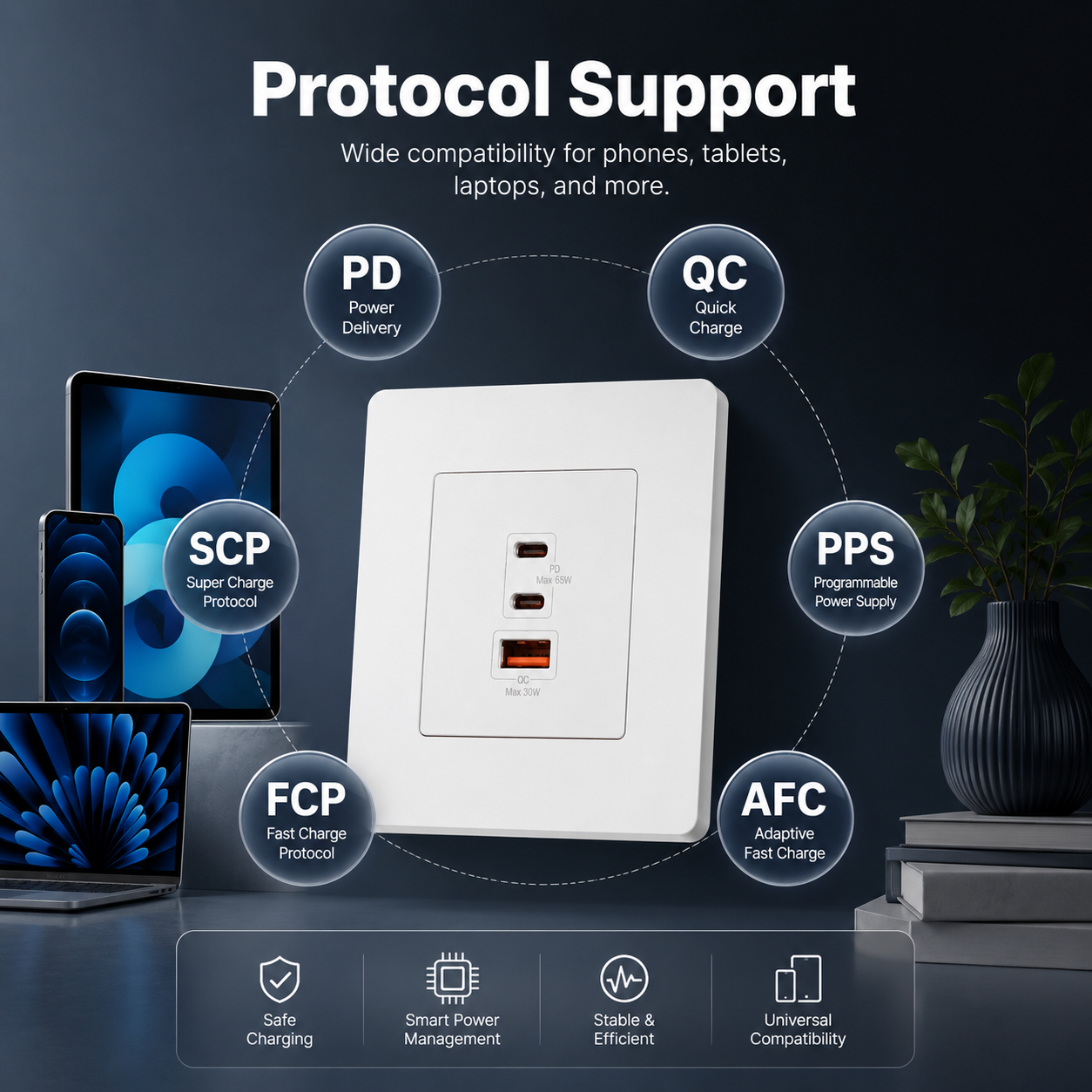 Charging protocol support badges for 65W wall charger