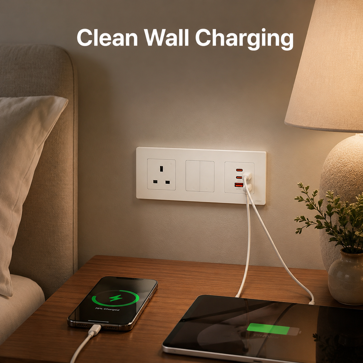 Modern bedroom scene with clean wall charging setup