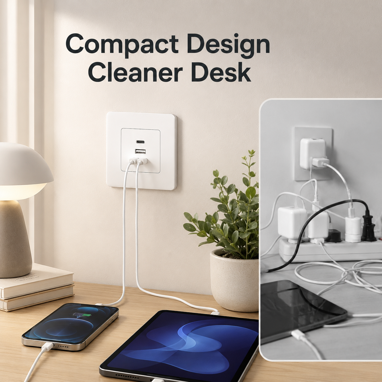Compact design desk scene for USB-C wall charger outlet