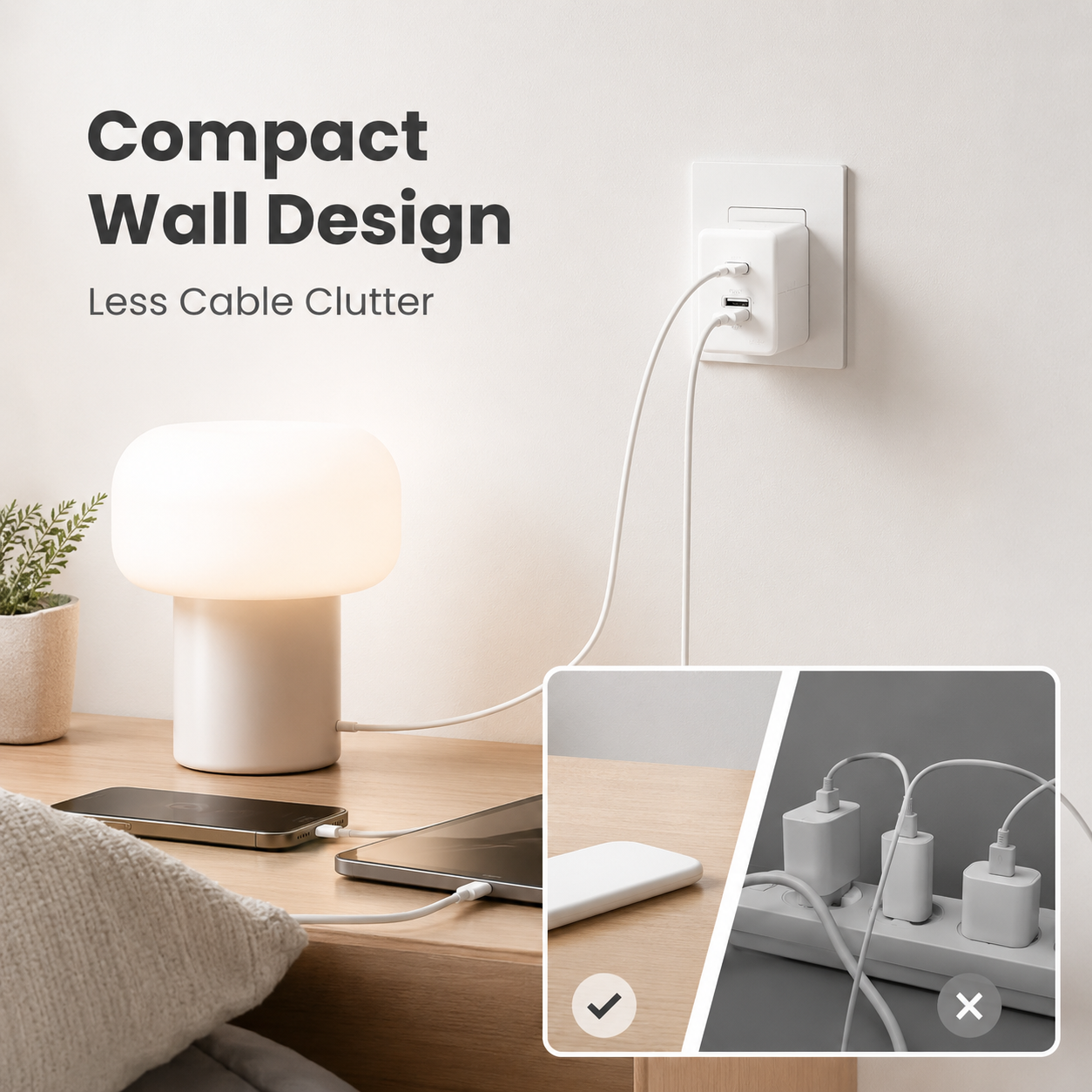 Compact wall design scene for USB-C wall charger outlet