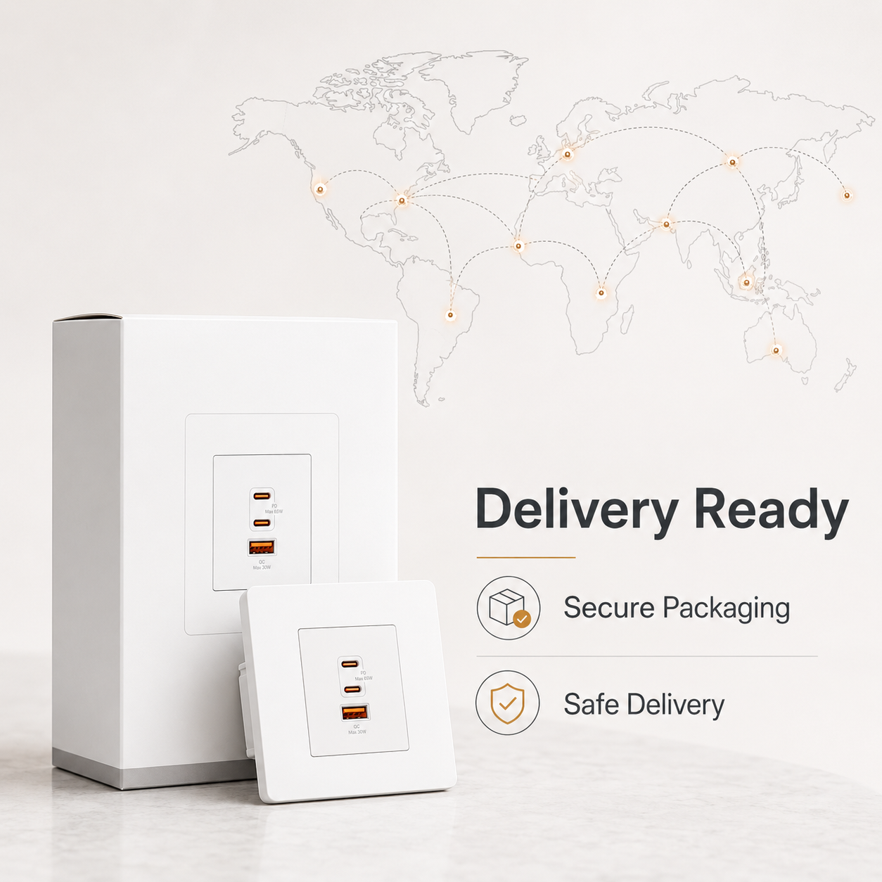 Delivery-ready packaging visual with neutral map graphic