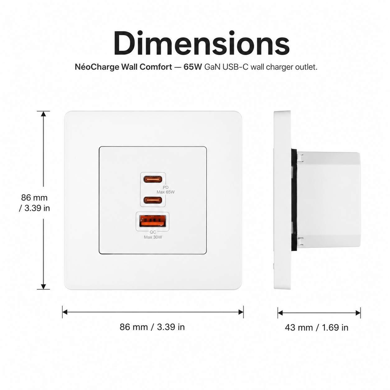 Front and side dimensions diagram for NéoCharge wall charger
