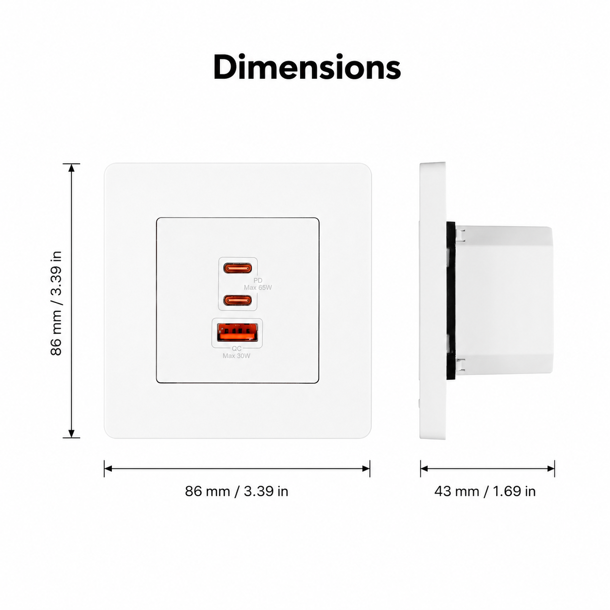 Dimensions diagram for 86 mm wall charger outlet