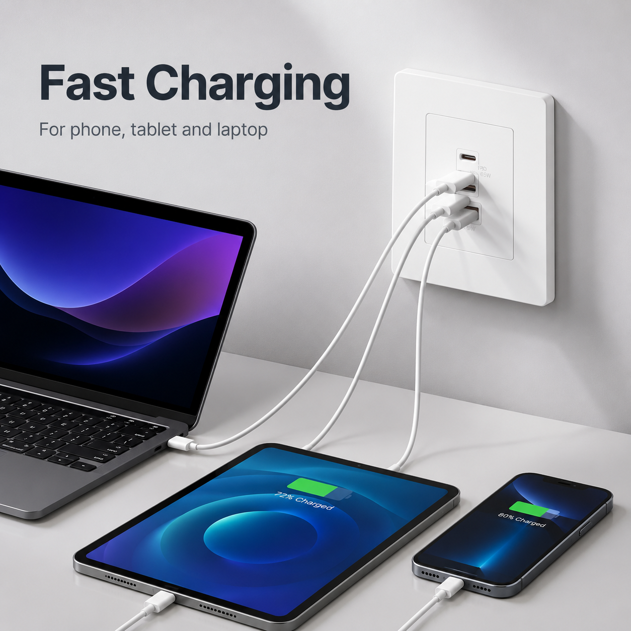 Fast charging visual for phone tablet and laptop using wall charger