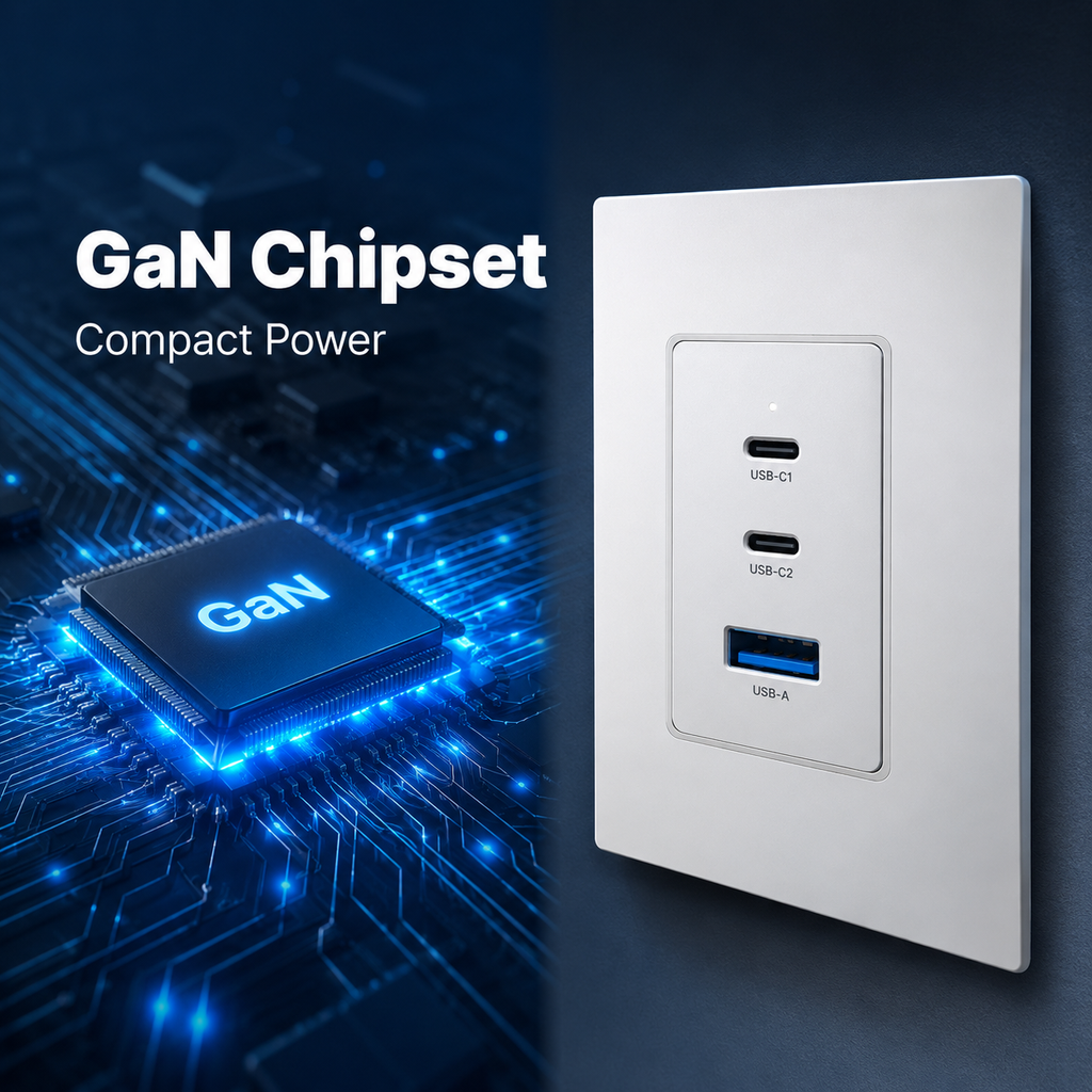 GaN chipset visual with USB-C wall charger outlet