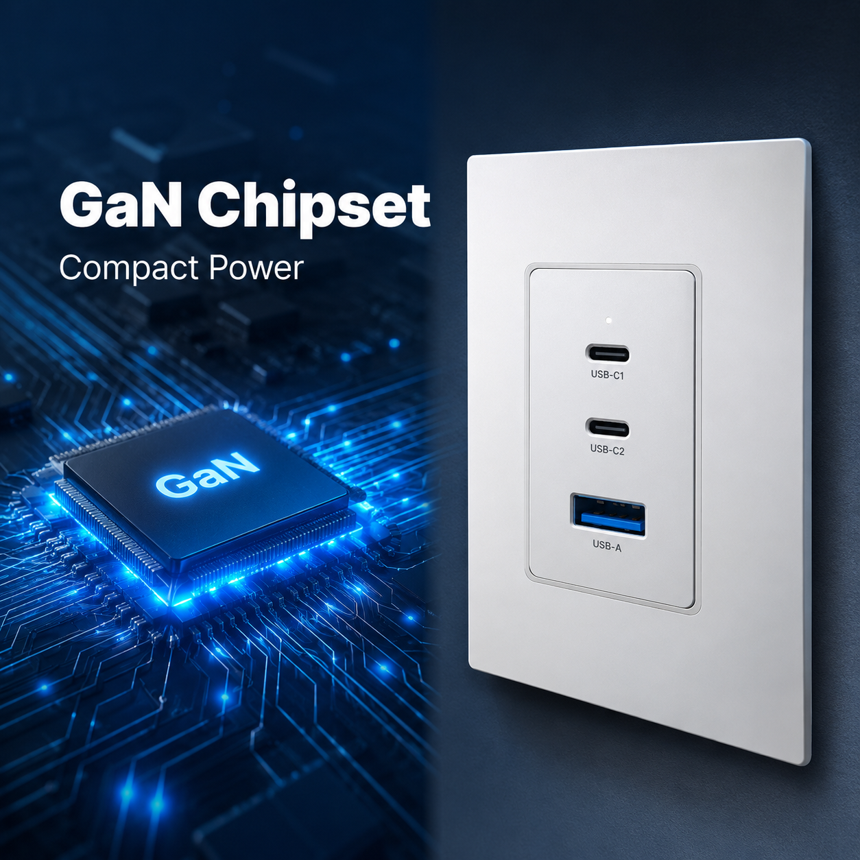 GaN chipset visual with USB-C wall charger outlet