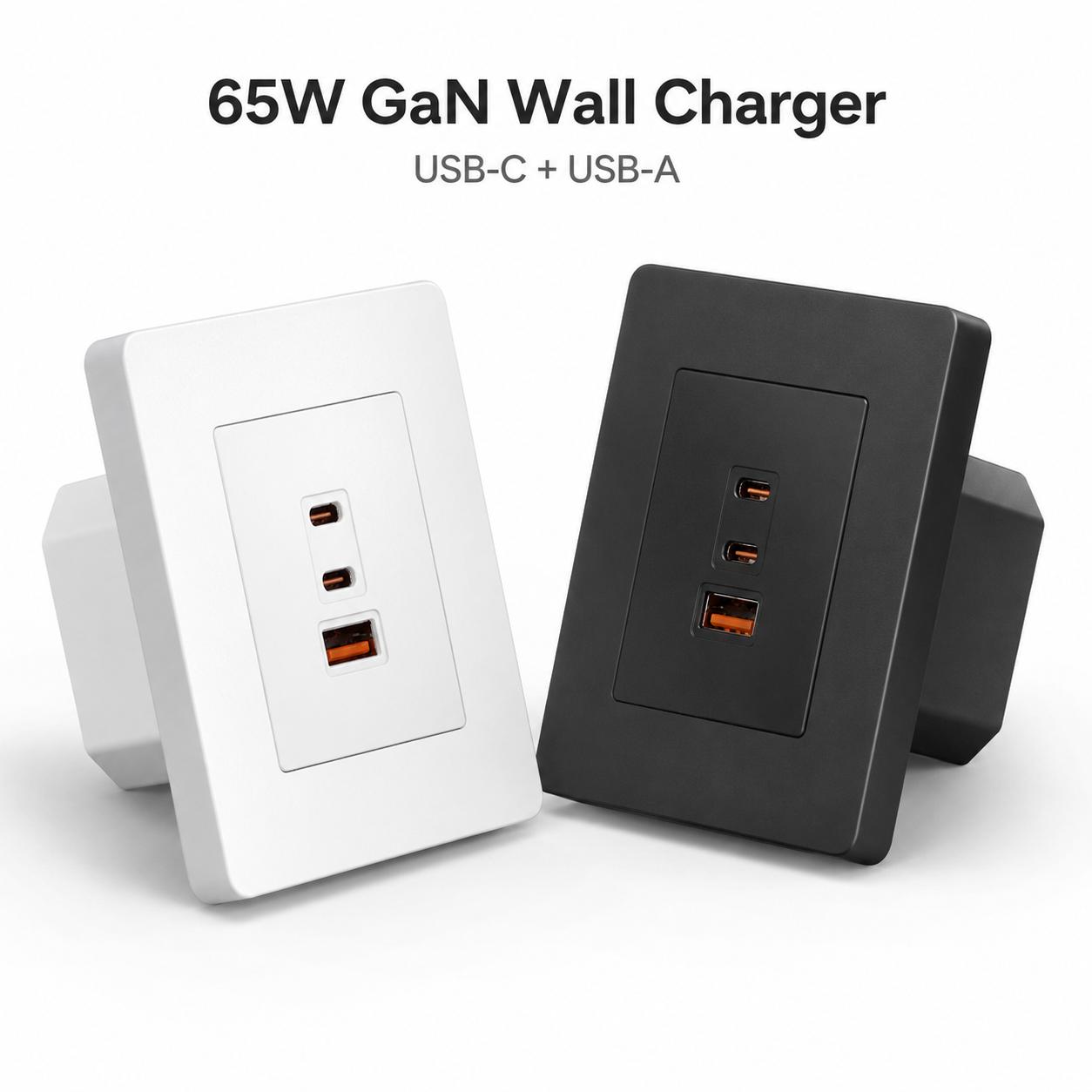 Studio packshot of 65W GaN wall charger outlet in white and dark gray