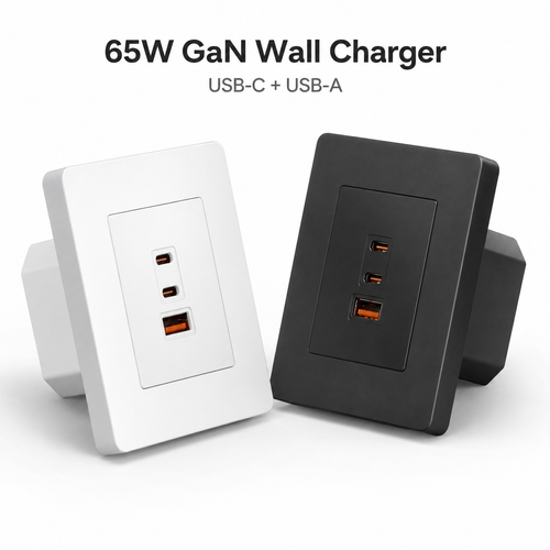 Studio packshot of 65W GaN wall charger outlet in white and dark gray