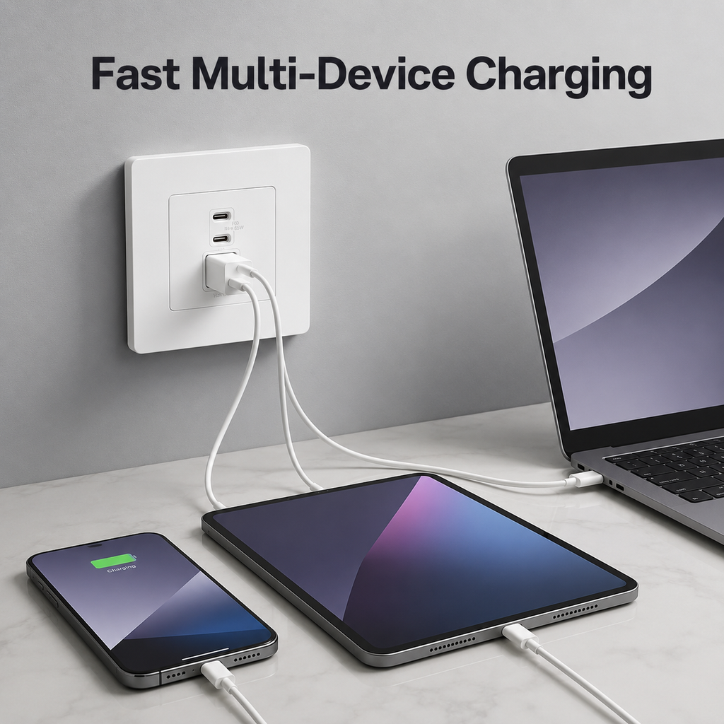 Multi-device charging scene with USB-C wall charger outlet