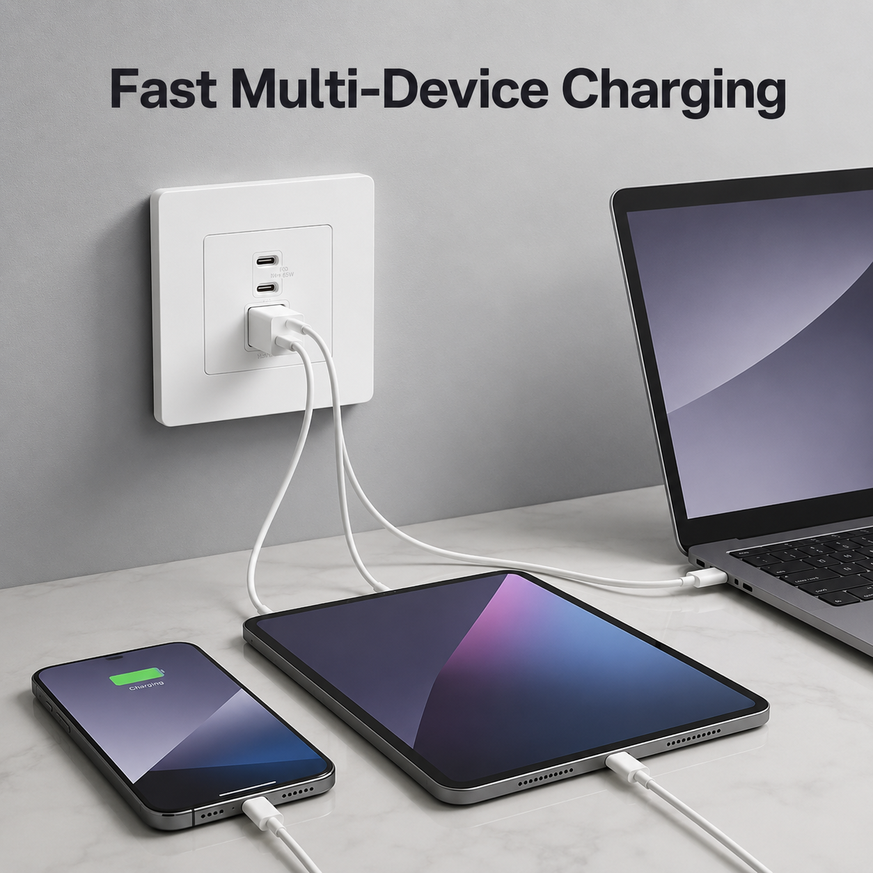 Multi-device charging scene with USB-C wall charger outlet