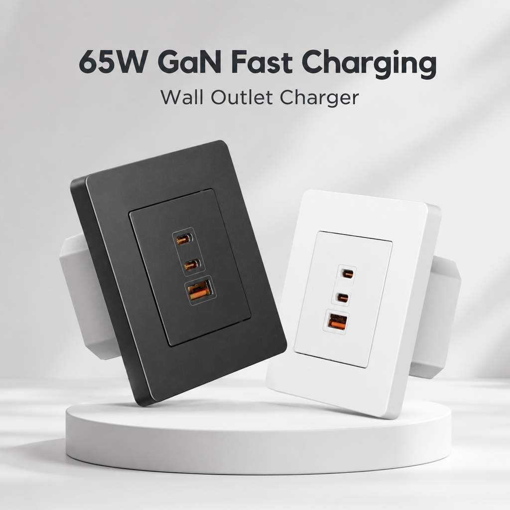 Premium hero image of white and dark gray GaN wall charger outlets
