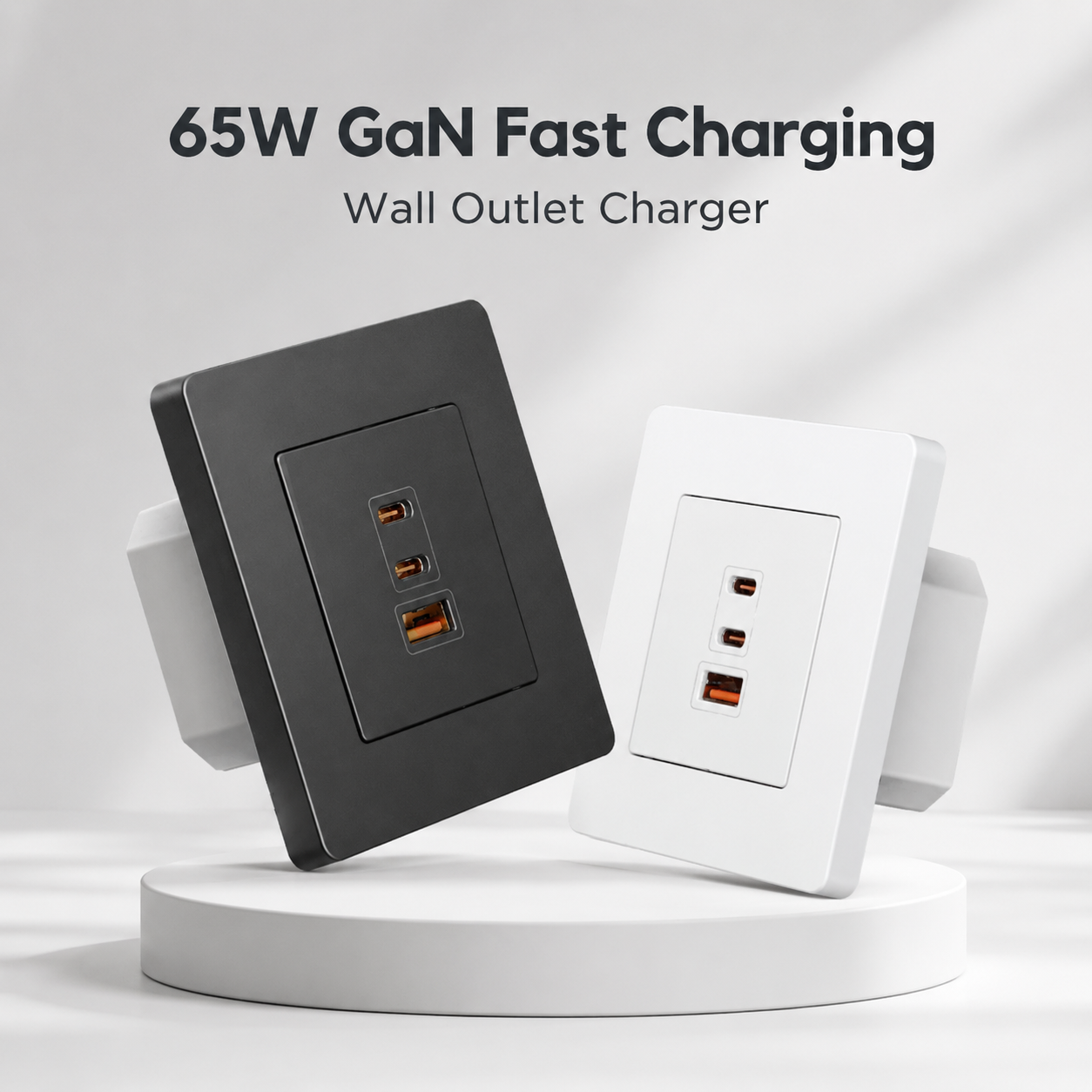 Premium hero image of white and dark gray GaN wall charger outlets