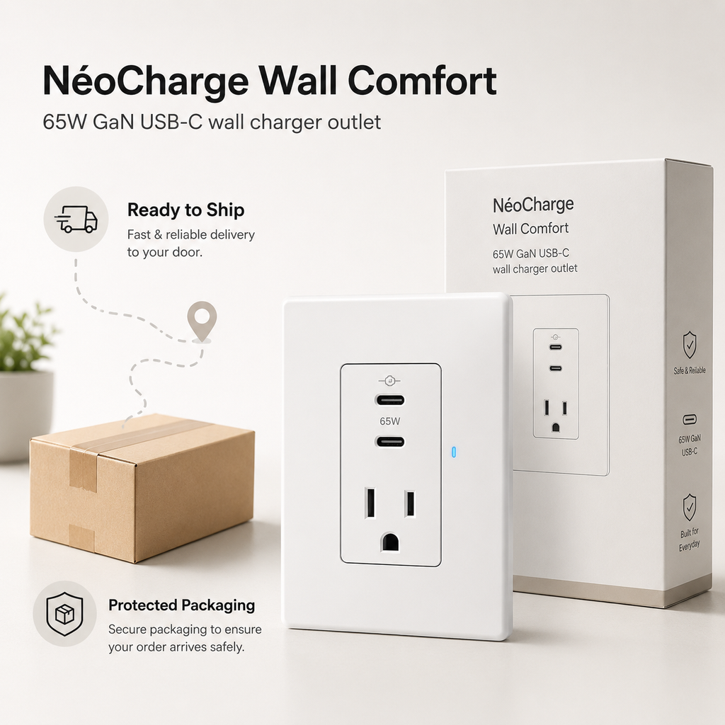 Protected packaging visual for NéoCharge wall charger