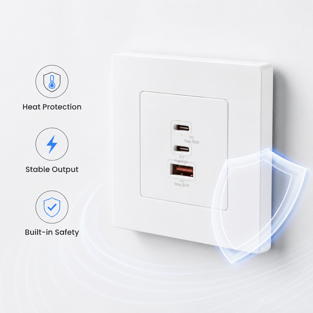 Safety and heat protection visual for 65W wall charger outlet