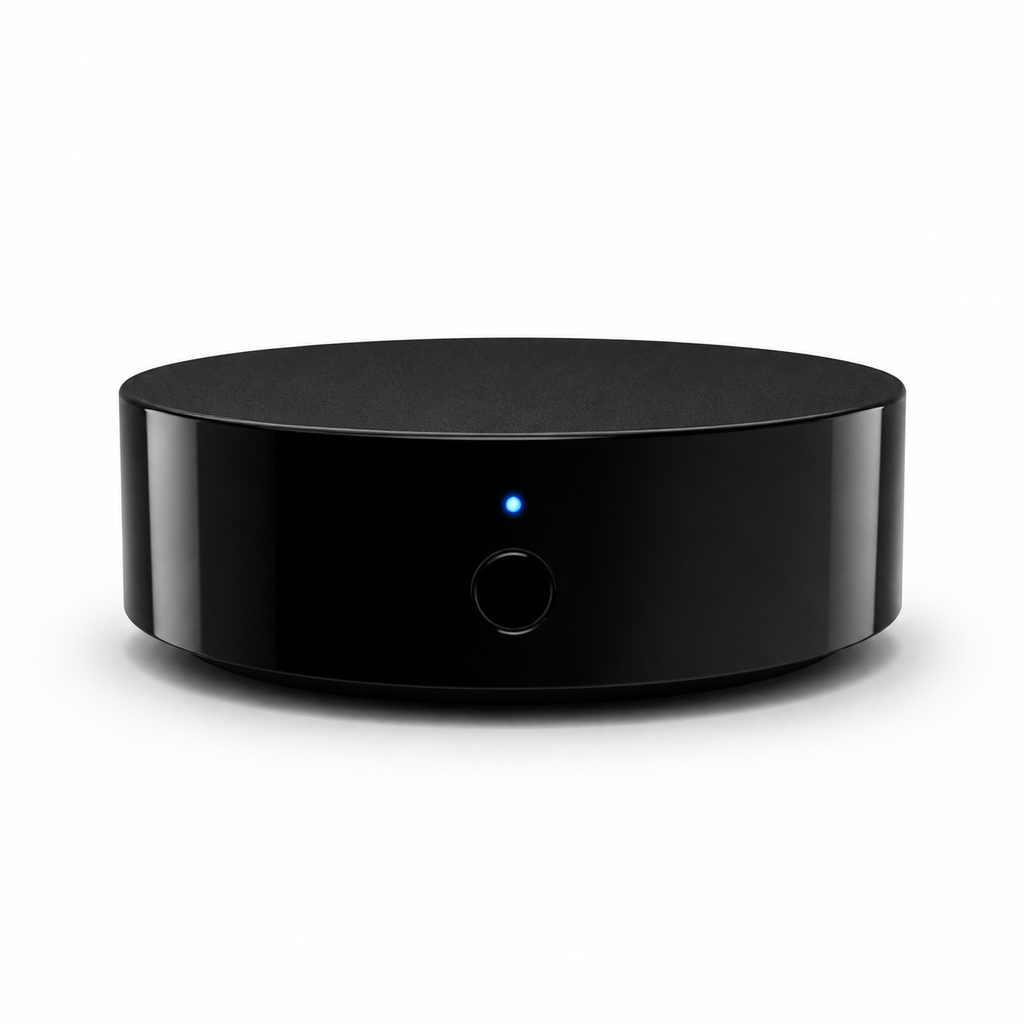 Studio packshot of WiFi IR remote control hub with blue LED