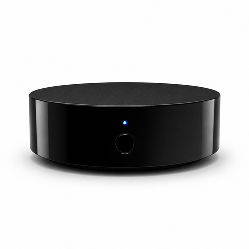 Studio packshot of WiFi IR remote control hub with blue LED