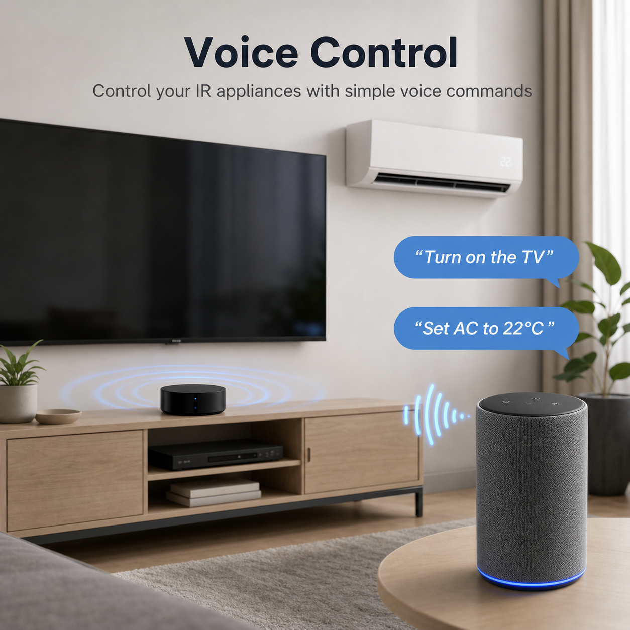 Voice control scene for WiFi IR remote hub and TV console