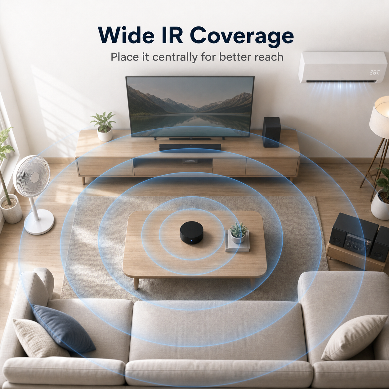 Wide IR coverage visual for smart IR remote hub