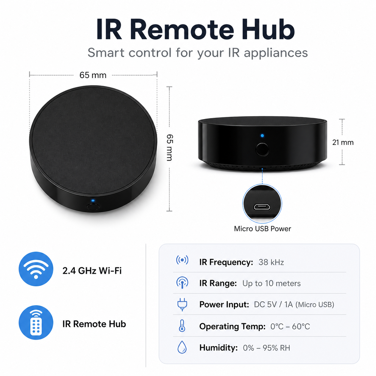 Dimensions and key specifications for WiFi IR remote hub