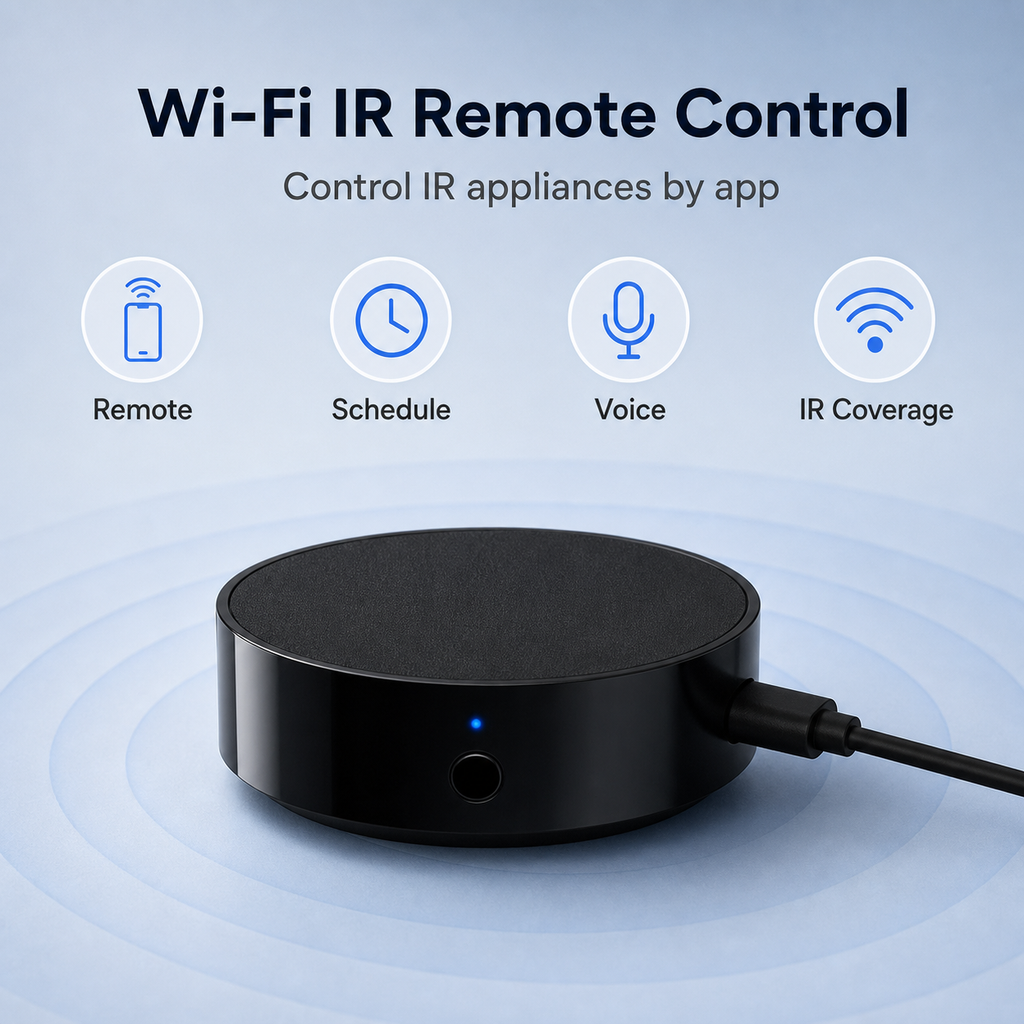 WiFi IR remote control feature overview with app schedule and voice icons