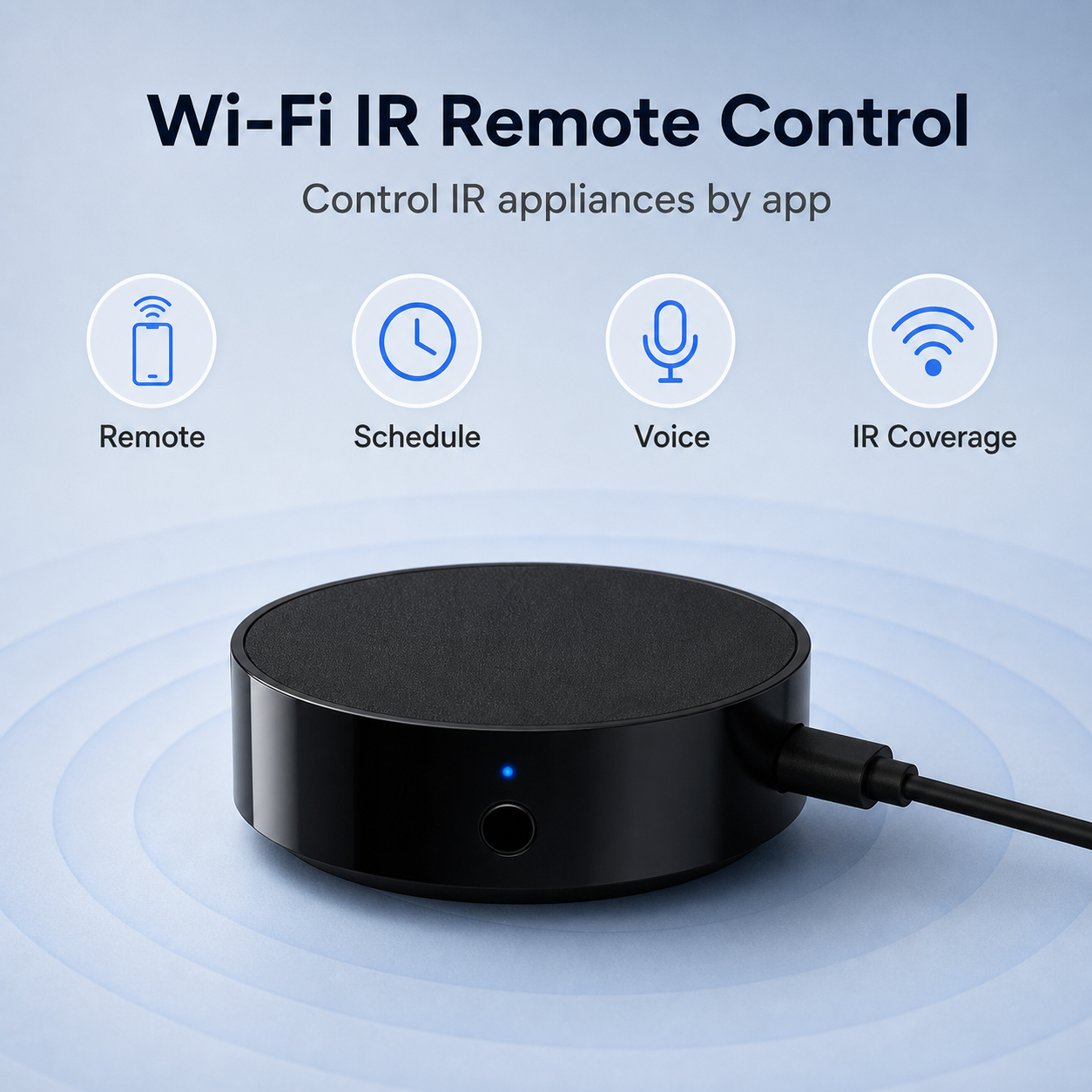 WiFi IR remote control feature overview with app schedule and voice icons
