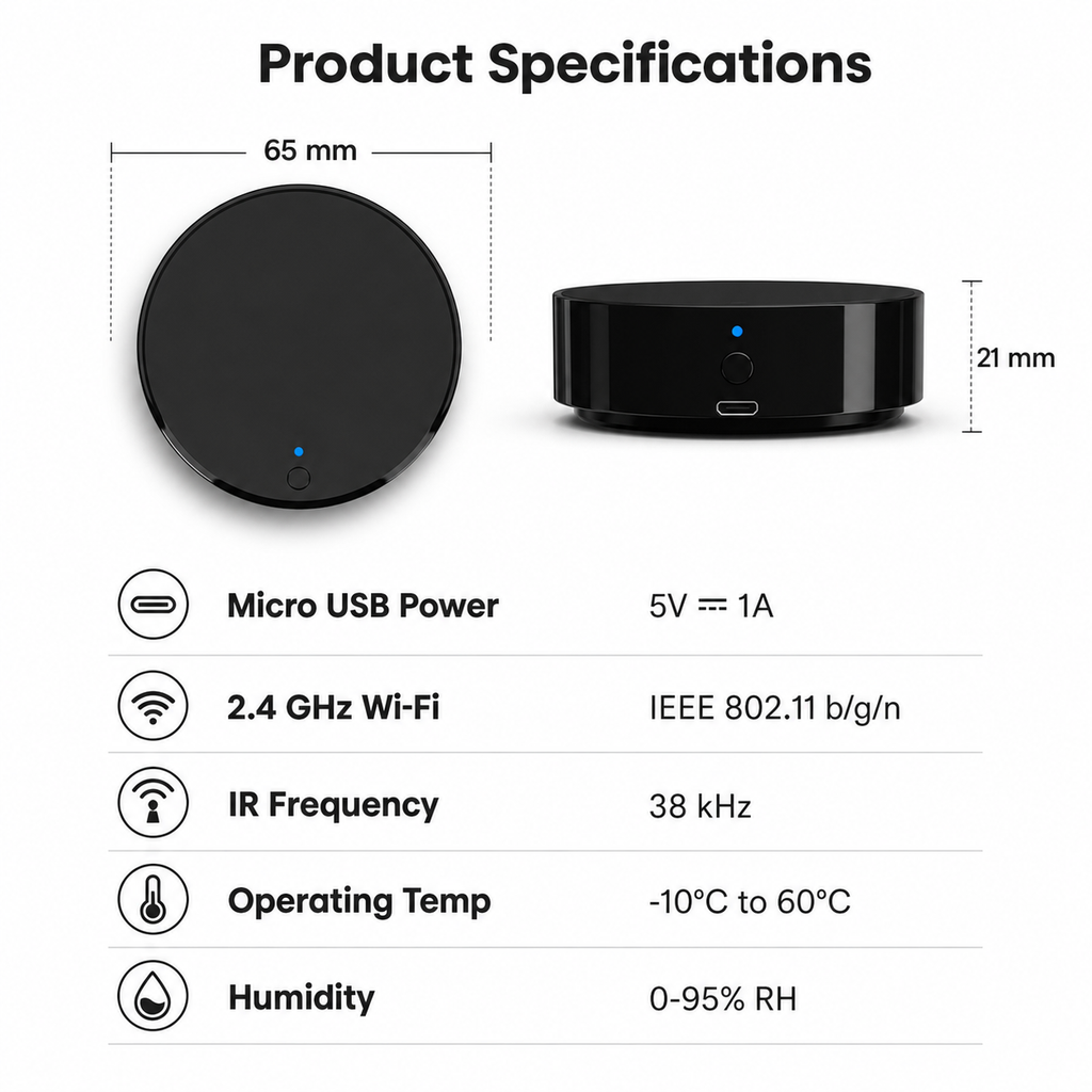 Product specifications diagram for compact WiFi IR remote hub
